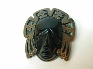 Vintage Tribal Mask Ethnic 925 Sterling Silver Black Onyx Pin Signed (c)