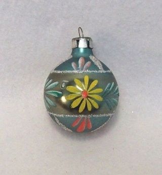 Vintage Hand Painted Glass Christmas Tree Ornament Turquoise Ball Daisy Flower