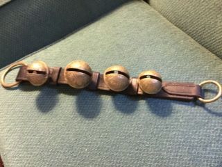 Vintage 4 Large Brass Bells Leather Strap Amish Intercourse Lancaster Pa Sleigh
