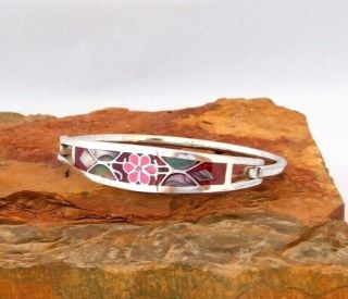Mexican Abalone Bracelet Alpaca Silver 6 - 5/8 " Vintage Shell Red Enamel Inlay X20