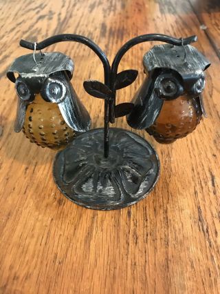 Vintage Owl Salt And Pepper Shakers With Stand
