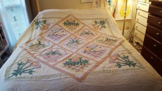 1930s - 1950s Vintage Hand Stitched Quilt Full Size Floral Design Very Colorful