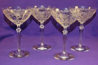 4 Vintage Fostoria Crystal 6 " Sherbet / Champagne W/june Etch 279 6 Oz.  5098