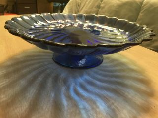 Vintage Glass Pedestal Cake Plate Stand Blue Glass With Scalloped Edges