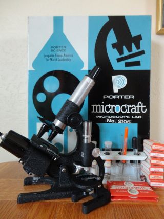 Vintage Porter Microcraft Microscope Science Lab Kit Set 2105 In Metal Case Usa