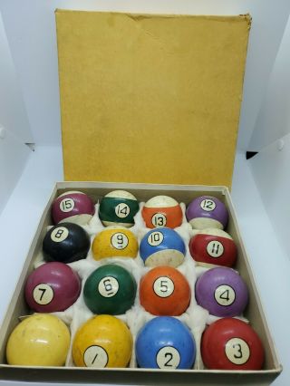 Vintage Set Of Billiard Pool Balls 1 - 15,  Cue Complete
