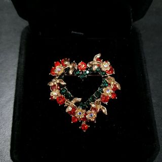 Vintage Red Heart Diamante Flower Brooch Costume Jewellery Pretty Paste Love