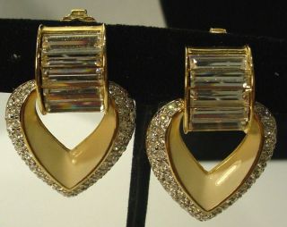 Vintage Swarovski Rhinestone Large Hearts Clip On Earrings
