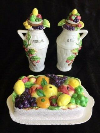 Vintage Butter Dish And Oil & Vinegar Bottles With Decorative Fruit Lids Ceramic