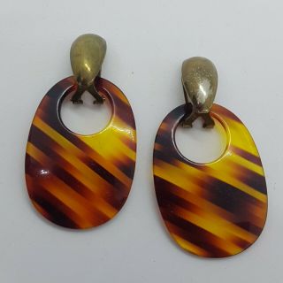 Vintage 80s Clip - On Earrings Plastic Statement Brown Tortoise Shell Look Dangly