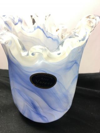 Vintage Lavorazione Arte Murano Glass Blue & White Swirl Ruffle Rim Vase