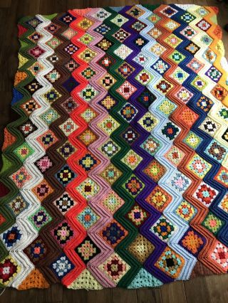 Vintage Granny Square Afghan Crocheted Wool & Cotton Blanket 94 X 81 Big Heavy