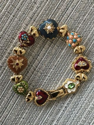Vintage Joan Rivers Hearts And Flowers Enamel Gold - Tone Link Bracelet 7 3/4 "