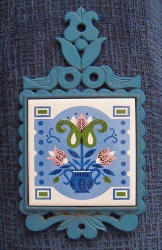 Vintage Flower Tile & Blue Cast Iron Birds Trivet Napcoware Japan Wall Art Retro