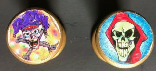 Two (2) 1 " Tall Brass Pog Slammers Pounder Skull And Crossbones Pirates Vintage