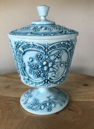Vintage Blue Painted Milk Glass Covered Compote Candy Dish With Lid
