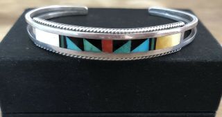 Vintage Signed Zuni Sterling Silver Turquoise Coral Onyx Mop Cuff Bracelet