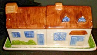 Vintage Unusual Ceramic Covered Butter Dish With Country Home House Cottage Lid