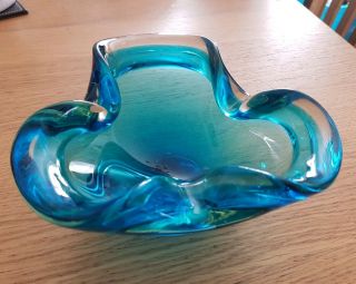 Vintage Heavy Murano Turquoise Blue Glass Dish Bowl Ashtray 1960 