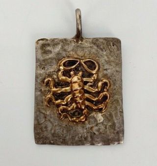 Vtg Mexican Scorpion Pendant Charm 14k Gold / Hammered Sterling Silver