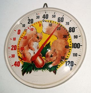 Vintage Garden Decor Thermometer Plastic Bubble Spring Large Round Squirrels 10”