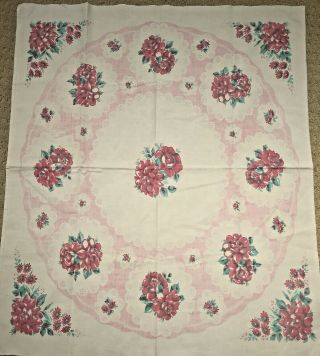 Vintage Cotton Table Topper - White Tablecloth Pink Printed Floral Design