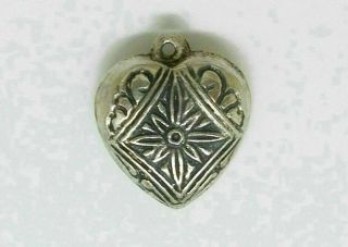 Vintage Unique Sterling Silver Puffy Heart Intricate Design Double Sided Charm