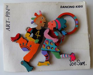 Vintage Joe Sam Dancing Kids Art Pin Joesam Wood 1995 Folks In The Hood
