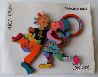 Vintage Joe Sam Dancing Kids Art Pin JOESAM Wood 1995 Folks in the Hood 2