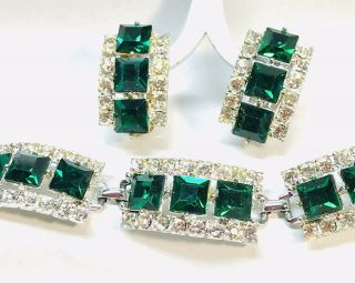 Vintage Phenomenal Emerald Glass & Rhinestone Bracelet & Earring Demi Set