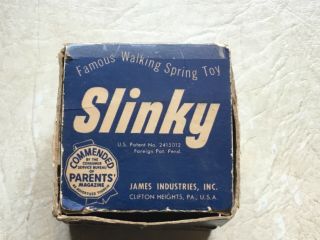 Vintage Slinky Toy Metal Spring Blue James Industries Box