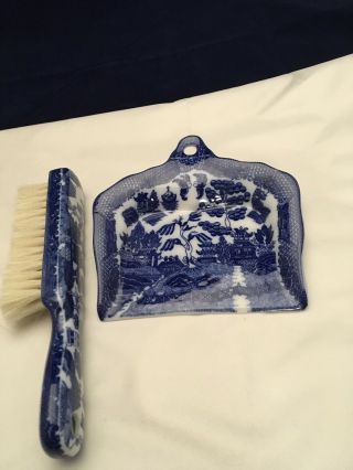 Vintage Blue Willow Crumb/ Dust Pan And Brush