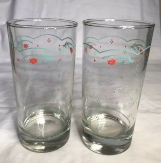 2 Vintage Mid Century Retro Green And Red Rose Drink Glass Tumblers 12 Oz