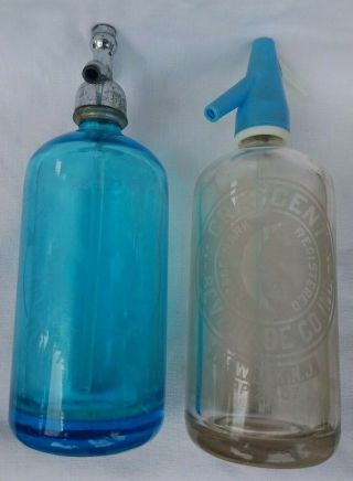 2 Vintage Newark Seltzer Bottles Blue C.  Miller & Clear Crescent Moon 26 Oz.