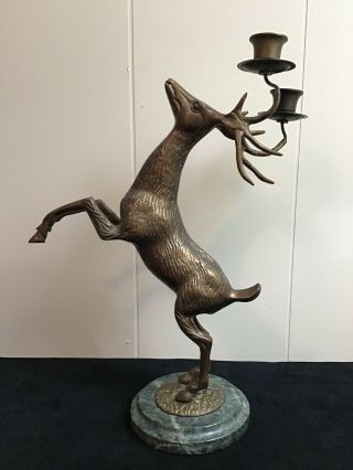 Vintage Brass Deer Stag Candle Holder 15” Marble Base Statue