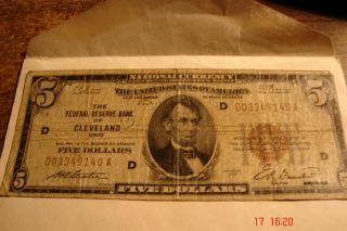 Vintage 1929 Five Dollar Bill The Federal Reserve Bank Of Cleveland Ohio