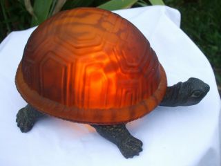 Vintage Turtle Amber Art Glass Shell Accent Lamp Night Light Metal Base Bronze