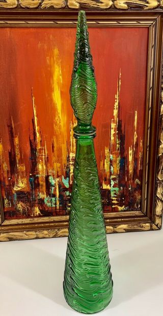 Vintage Empoli 22 " Green Glass Wave Genie Bottle Decanter With Stopper Mcm