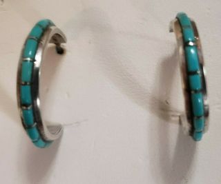 Signed Nastaci0 Vintage Inlay Turquoise Sterling Silver Hoop Pierced Earrings