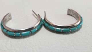 SIGNED NASTACI0 Vintage Inlay Turquoise Sterling Silver Hoop Pierced Earrings 2