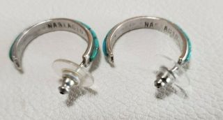 SIGNED NASTACI0 Vintage Inlay Turquoise Sterling Silver Hoop Pierced Earrings 3