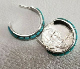SIGNED NASTACI0 Vintage Inlay Turquoise Sterling Silver Hoop Pierced Earrings 4