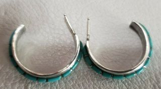 SIGNED NASTACI0 Vintage Inlay Turquoise Sterling Silver Hoop Pierced Earrings 5