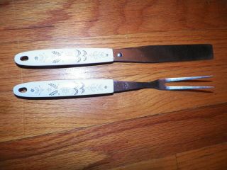 Vintage Flint Arrowhead Floral Handle Carving Fork And Spatula In Guc