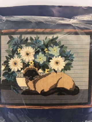 Vintage Something Special Longstitch Needlepoint Kit Siamese Cat Floral 18 X 14