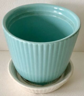 Vintage Shawnee Signed Art Pottery Ribbed Blue White Saucer Flower Pot Planter