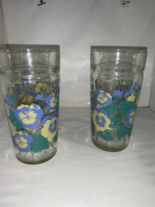 Euc 2 Vintage 6” Tall Blue Floral Flower Design Drinking Peanut Butter Glass