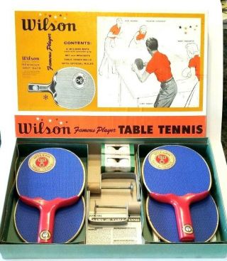 Vintage Wilson Famous Player Table Tennis 4 Ping Pong Paddles 4 Balls Made Usa
