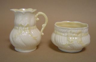 Vintage Irish Belleek Pottery Parian Porcelain Creamer & Open Sugar Bowl Ribbon