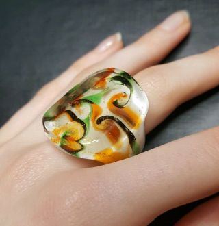 Vintage Murano Glass Orange Green White Glass Ring Size Q Costume Jewellery